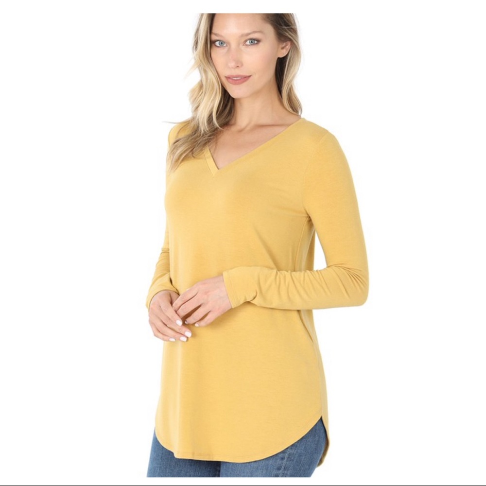 Casually Classy, Zenana V Neck Classic Basics Tunic Top - Lt Mustard